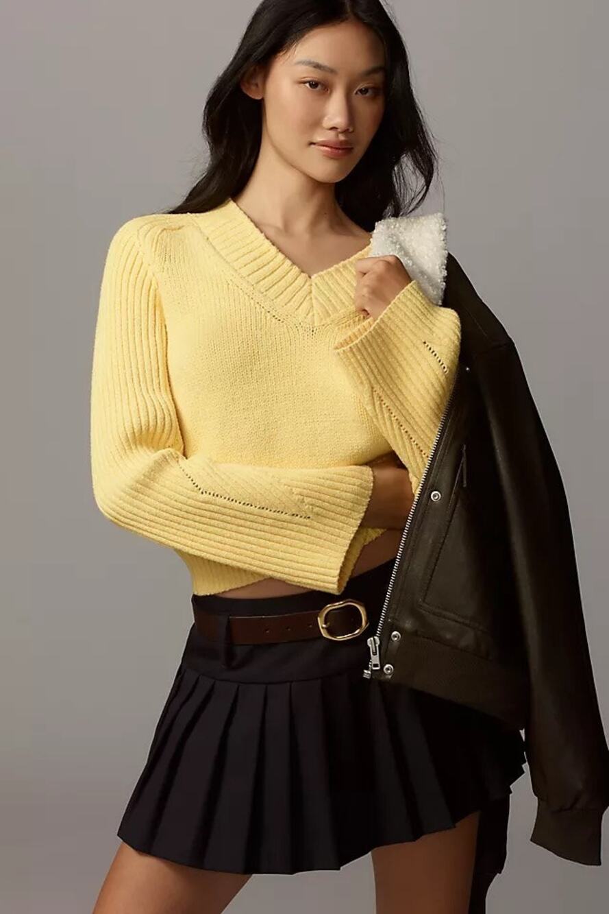 Anthropologie Bell-Sleeve V-Neck Cropped Knit Sweater Yellow Size Small
